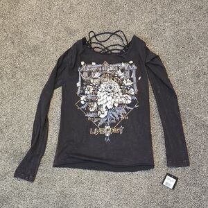 NWT Affliction Women's Wildflower Daz Black Graphic Long Sleeve Top Sz XS